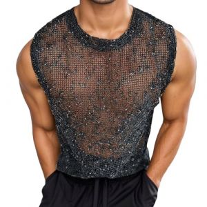 D&eacute;bardeur &agrave; paillettes pour homme - Brillant - T-shirt en maille - Paillettes - Transparent - D&eacute;bardeur sans manches - Body Shape Hollow Out - Haut en maille pour f&ecirc;te, O Noir., L (Bieuzhlo, neuf)