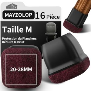 MAYZOLOP 16 Pi&egrave;ces Protection Pied de Chaise, &Phi;20-28 mm Noir Carr&eacute; de Protege pour Pieds de Chaise avec Feutre, Pieds de Chaise, Embout de Chaise, Pas de Rayures, Pas de Bruit (MAYZOLOP-FR, neuf)