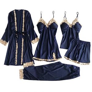 G&eacute;n&eacute;rique 5 Pi&egrave;ces Femme Sexy Chic Ensemble De V&ecirc;tements De Nuit en Satin Nuisette Dentelle Cami Chemise De Pyjama, Feminin Sensuelle Peignoir de Soie Chemisette De Nuit Ensemble De Lingerie (qieycgd, neuf)
