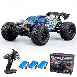 Teeggi Voiture télécommandée 50 km/h, 1/16 RC haute vitesse, voiture de course tout-terrain, moteur à balais de carbone 2,4 G, moteur 4 WD Off Road Race Buggy pour adulte, 3 batteries (bleu) (Teeggi-EU, neuf)