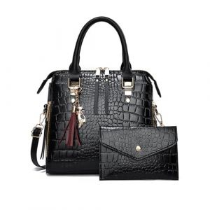 NICOLE & DORIS Sac &agrave; Main Femme Crocodile Sac &agrave; Main et Portefeuille Sac Bandouli&egrave;re Cuir Verni Sac d'&Eacute;paule Sac Fourre-Tout Carr&eacute; Sac Ensemble Pratique Noir (LOTSLOT O&Uuml;, neuf)