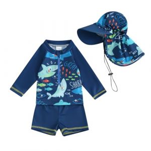 Carolilly Maillot de Bain Enfant Bébé Garçon de 3 Pièces, Haut Zippé Imprimé Cartoon à Manches Courtes + Culotte de Bain + Chapeau Anti-UV (0-5 Ans) (Bleu, 2-3 Years) (La Vie Brillante, neuf)