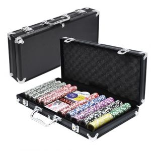 FIVMEN Mallette de poker 500 jetons avec 500 jetons de poker laser, 2 decks de poker, 3 boutons de dealer, 5 d&eacute;s avec mallette en aluminium, noir (WurenHome, neuf)