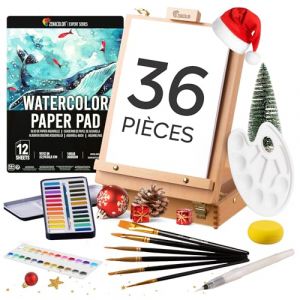 Set de Peinture Aquarelle 36 Pi&egrave;ces - Cadeau Kit d' Aquarelle pour d&eacute;buter - Boite 2-en-1 Rangement et Chevalet, Palette Aquarelle en Godet 24 couleurs, 6 Pinceaux, 1 Pad (12 feuilles) et Accessoires (BMS France, neuf)