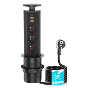 Multiprise Encastrable 3 Prises fran&ccedil;aise avec USB C PD20W, Airmom Bloc Prise Escamotable Prise Plan de Travail Cuisine, 4000W/16A, &Oslash; 80mm C&acirc;ble 1,8m (Airmom, neuf)