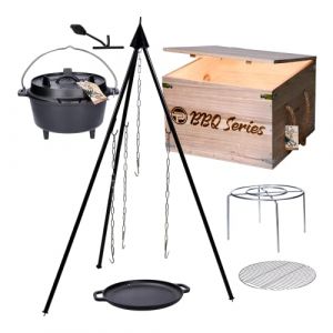 TP Premium BBQ Dutch-Oven Tripod Set de 7 pièces avec marmite à feu, trépied, poêle en fonte, grille de barbecue avec accessoires de barbecue et caisse en bois, idéal comme coffret cadeau (Elektronik-Versand, neuf)