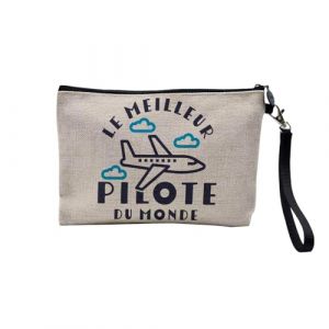 Pochette en Lin - Le Meilleur Pilote du Monde Avion Aviation Transport Aeronautique - Trousse Maquillage en Toile Aspect Lin - Trousse de Toilette - 23,5 x15 cm (FabulousBOUTIK, neuf)