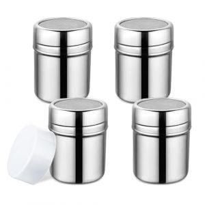 YZROHYI 4 Pièces Saupoudreuse Sucre Glace,Saupoudreuse Cacao Inox,Fromage Saupoudreuse Chocolat avec Couvercle,Distributeur Sucre Glace,Saupoudreur Farine Tamis,Boite Sucre Glace,Saupoudreur à Epices (Jonasvivi Kft., neuf)