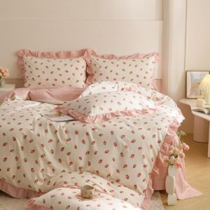 Sedefen Feuille de Lotus Housse de Couette 220x240 Rose Blanc Fraise + 2 taies d'oreiller 65x65cm Ado Fille Adulte Romantique Parure de Lit 2 Personnes Avez Fermeture Éclair (ArvinBoutiques, neuf)