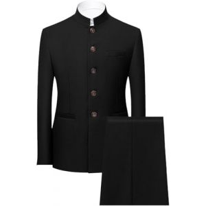 JEShifangjiusu Costume Tunique Chinoise 2 Pièces Uniforme Traditionnelle pour Hommes Ensemble Blazer à Col Mandarin Ensemble Pantalon Veste Boutonnée Robe de Marié (Le Noir,4XL) (Huabaohua[7-12 Deliverly], neuf)