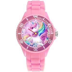 Alienwork Licorne Fille Montre Pédagogique Apprendre l'Heure Enfants Fille Pink Bracelet en Silicone Multicolore Enfants Résistant à l'eau 5 ATM Temps d'apprentissage (?Alienwork, neuf)
