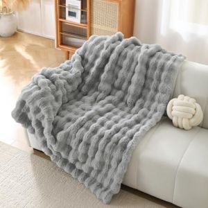 DREAMLANDING Couverture en fausse fourrure de lapin de luxe en peluche sherpa r&eacute;versible, couverture en fourrure duveteuse chaude et confortable pour lit, canap&eacute;, fauteuil, d&eacute;coration de la maison (HangZhou Azure, neuf)