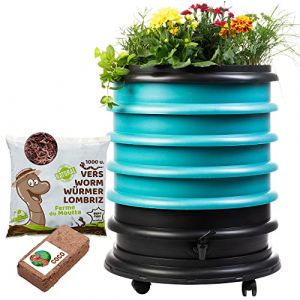 WORMbox | Lombricomposteur 4 Plateaux Turquoise + Jardini&egrave;re + 1kg de vers de Compost + 1 Bloc Coco | 64 litres | Compostez Vos d&eacute;chets organiques, lombrics/lombricompost (Ferme du Moutta, neuf)