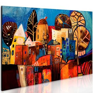 B&D XXL - Tableau décoratif moderne 120x80 cm - Impression sur toile colorée - Décoration murale pour salon et chambre - Abstraction maison arbres fantaisie coloré ville moderne 0104-13 (murando, neuf)