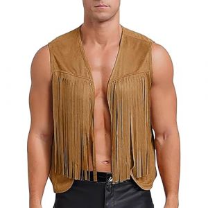 Generisch Gilet de cowboy sans manches en daim pour homme - Gilet à franges - Gilet indien rétro bohème hippie - Costume de carnaval - Costume de carnaval, marron, 3XL (HUANGYUZHU-AMZSHOP, neuf)