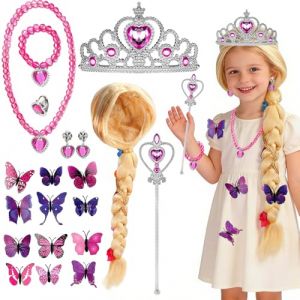 FENYW Perruque Princesse Enfant, Bandeau Tress&eacute; Raiponce, Princesse Perruque Enfant Fille avec Princesse Diad&egrave;me et Papillon Broche pour Carnaval, Cosplay, Soir&eacute;es &agrave; Th&egrave;me, Anniversaire, Mascarade (YIJIA-EU, neuf)