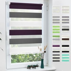 Grandekor Store Enrouleur Jour Nuit de Double Tissu, Store Jour et Nuit sans Perçage, Accessoires d'installation Inclus pour Fenêtre ou Porte, 50l x 120L cm, Blanc-Anthracite-Aubergine (DecoWarm, neuf)