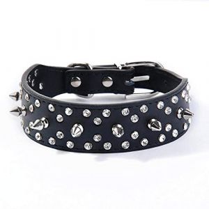 haoyueer - Collier pour chien en cuir à pointes cloutées élégant avec rivets en forme de balle et strass, doux et réglable pour chiens de taille moyenne et grande (S, noir) (haoyueer-uk, neuf)