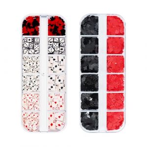 Lot de 2 bo&icirc;tes de breloques de poker pour nail art, d&eacute;calcomanies amusantes, paillettes, c&oelig;ur, flocons d'ongles, cartes &agrave; jouer, pierres pr&eacute;cieuses, bijoux, d&eacute;corations de manucure, accessoires pour (cheng juan1, neuf)