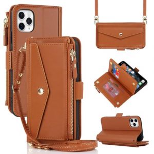 Cavor Coque Compatible avec iPhone 11 Pro Max Etui avec Cordon,Flip Portefeuille &Eacute;tui Cuir,[9 Porte Cartes][Poche zipp&eacute;e],Collier Coque Housse Etui Compatible avec iPhone 11 Pro Max - Marron (Copmob, neuf)
