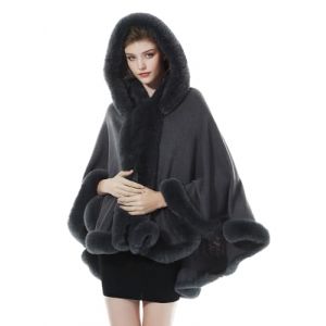 BEAUTELICATE Poncho Fourrure Châle Étole Cape à Capuche Tricoté Manteau avec Col de Fourrure pour Femme Automne Hiver Mariage Soirée Gala(Taille Unique, Gris Fumé) (BEAUTELICATE-FR, neuf)