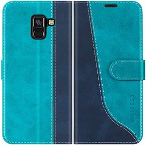 Mulbess Coque pour Samsung Galaxy A8 2018, Etui a Rabat, Housse en Cuir, Pochette de Protection Portefeuille, Élégant Bleu Mint (BLUE_BIRD, neuf)