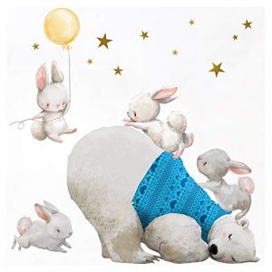 Little Deco DL209-9 Sticker mural pour chambre d'enfant Motif ours polaire et lapins avec ballon jaune (Grandora, neuf)