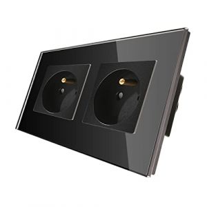 CNBINGO Prise Murale Electrique 16A - Prise Encastrable Standard Extra Plate - Double Prises de Courant Alternatif Panneau - Avec Panneau en Verre Trempé Noir (CNBINGO OFFICIAL, neuf)
