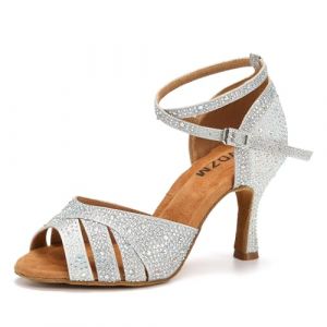 SWDZM Chaussures de Danse Latine Femme Strass Bout Ouvert Talon Haut de Salon Bachata Salsa,Argent,Talon 7.5cm,Semelle en Daim,EU 39 (GAOZHANYUANYING, neuf)