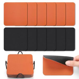Myir JUN Lot de 12 dessous de verre double face en similicuir imperm&eacute;able antid&eacute;rapant facile &agrave; nettoyer avec support de dessous de verre (noir orange) (Myir JUN-EU, neuf)