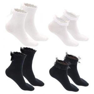 BORISCA 4 Paires Chaussettes Dentelle Femme Coton avec Sac de Lavage Respirant Chaussettes en Dentelle &eacute;l&eacute;gant Style Princesse Chaussette Blanche pour Femmes(Noir Blanc) (Jiang Hongqin, neuf)