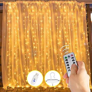 Rideaux Guirlandes Lumineuses, 3m*3m 300LED LED Rideaux Fenêtre Rideau Fée Lumières Scintillantes USB avec Fenêtre À Distance Fée Guirlande Lumineuse (Chaud) (HUHUL, neuf)