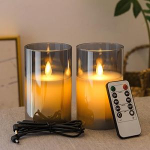 FiiMoo Bougies LED Rechargeable, Lot de 2, Bougies LED avec Télécommande, Bougies Rechargeables USB, Bougie Flamme Vacillante, Bougies Décoratives pour Fête, Anniversaire, Mariage-10cm Verre Gris (FiiMoo EU, neuf)