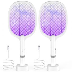 Raquette Électrique Insectes 5000V, Raquette Anti Moustique Rechargeable USB-C, Tapette à Mouche Électrique avec Base Stable et Maille 3 Couches, Efficace Contre Mouches et Insectes (Lot de 2) (XBY-EU, neuf)