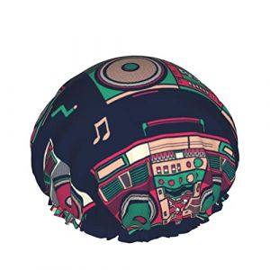 Femmes Réutilisable Stretch Hem Cheveux Chapeau Rétro Boombox Radio DoubleWaterproof Bonnet De Douche Bonnet De Bain (HuangZhongL, neuf)