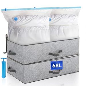 Kit de Sac de Rangement Vetement, Lot de 2 Sacs Sous Vide Vetements, 2 Boîtes de Rangement sous Lit, 1 Pompe à Main, Housse de Rangement Sous Vide pour Couettes Vêtements, Organisateur de Placard (Leavans, neuf)