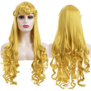 Dsimeig Perruque jaune avec bouclés Bangs Long ondulé synthétique Halloween Party Cosplay Perruques pour les femmes (Dsimeig, neuf)