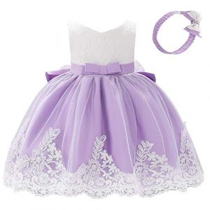 Lito Angels Robe Demoiselle d'honneur avec Bandeau pour Bebe Fille, Robe en Dentelle pour Ceremonie Mariage, Taille 6-12 Mois, Violet (étiquette en Tissu 70) (Lito Angels FR, neuf)