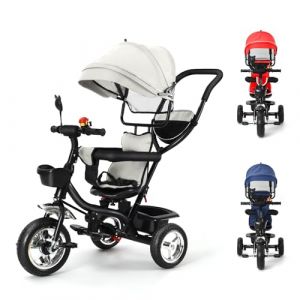 Tricycle Enfant Évolutif avec Siège Réversible, Tricycle 4 en 1,et Pare-Soleil Pliable Amovible et Canne Parentale Ajustable,Dossier inclinable,Roues Silencieuses-4 -in -1 (Gris Clair) (Hechheu, neuf)