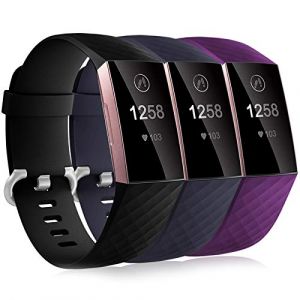 Dirrelo 3 Pack Bracelet Compatible avec Fitbit Charge 3/Fitbit Charge 4 pour Femmes Hommes, Silicone Souple Remplacement Sport Bracelet de Réglable pour Fitbit Charge 3 SE, Noir+Bleu+Prune L (GooyooStoreEU, neuf)