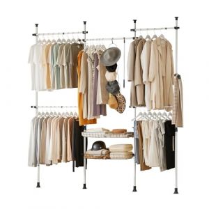 SoBuy Portant à vêtements télescopique solide - Penderie ouverte réglable avec tringles et étagères, Porte manteau pour chambre/dressing, Blanc KLS04 (SoBuy-Shop-FR, neuf)
