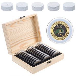 HonGien Boîtes à Pièces de Monnaie en Bois, Pièces de Monnaie Boîte de Protection avec 30 Capsules Rondes en Plastique, Boite Rangement Pièces de Collection pour 20mm/25mm/30mm/35mm/40mm (Henyer, neuf)