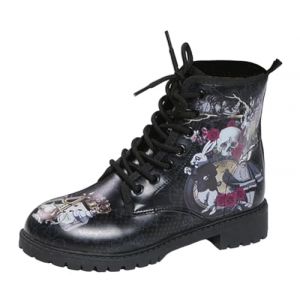 Bottes pour Femmes Bout Rond Talons Bloc Bottines Plateforme Gothique À Lacets Punk Bottes De Combat De Moto en Cuir Imprimé Multicolore Grosses Bottes Courtes (ToBe-One, neuf)