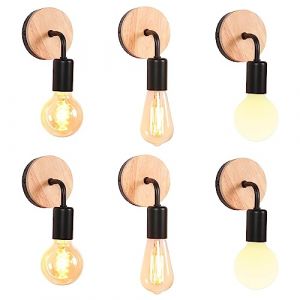 iDEGU Lot de 6 Applique Murale Interieur Industrielle LED Lampe Murale Vintage en Bois Métal E27 Luminaire Applique Rétro pour Salon Chambre à Coucher Couloir Salle de Bain (Type B, Noir, 6 Pack) (IDEGU, neuf)