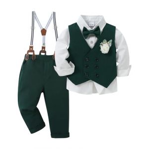 ZOEREA B&eacute;b&eacute; Gar&ccedil;on Gentleman Smoking V&ecirc;tements Ensembles, Enfant Mariage Bapt&ecirc;me Tenue Costume Haut Chemise+Gilet+Pantalon+N&oelig;ud Papillon+Corsage Vert-N, 12-18 mois (KUONUO, neuf)