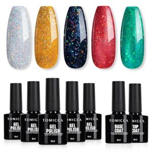 TOMICCA Vernis Semi Permanent, 5 Couleurs Vernis &agrave; Ongles Avec Base Coat &Top Coat No Wipe, Paillet&eacute; Vert Rouge Gold Noir Argent Gel UV Semi Permanent Soak Off Nail Art Kit, 7 x 8ml (EU Must Win, neuf)