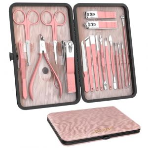 ZIZZON Set de manucure 18 en 1 Set de p&eacute;dicure professionnel Ciseaux &agrave; ongles Kit de toilettage avec &eacute;tui de voyage en cuir rose (ZIZZON-Europe, neuf)