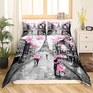 Tour Eiffel Parure de Lit 220x240cm Romantique Paris Thème Parure Housse de Couette Couple Femme Chambre Décoratif Paris Cityscape Imprimé Housse de Couette Moderne Style Français Rose Gris 3Pcs (Bofanshangmao, neuf)