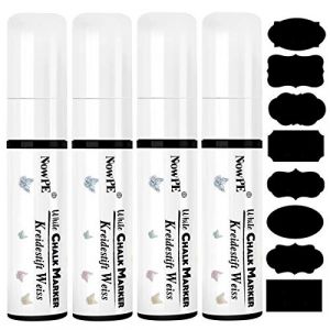 NowPE Feutre Craie Blanc, Marqueurs Craie 15mm, Effacable avec Chiffon Humide ou Sec, Grande Pointe pour Tableau Noir, Mur, Fenêtre & Verre, Pack de 4 Pièce Stylos Liquide + 16 Etiquettes de Tableau (Xinlucheng-EU, neuf)