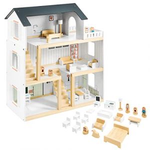 Mamabrum Maison de Poupée en Bois 3 Étages – Maison XXL avec Terrasse, 4 Figurines & 18 Meubles – Jouet Éducatif pour Enfant 3 – Maison de Poupée Style Barbie, Sylvanian & Playmobil (HyperMotion, neuf)